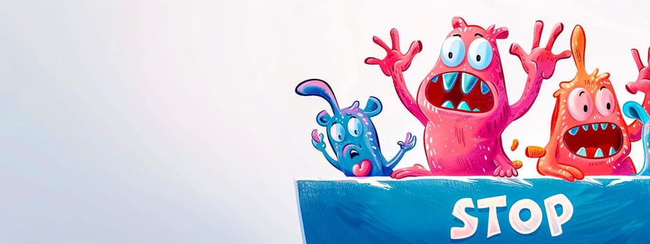 Vibrant illustration of funny cartoon monsters behind a 'stop' sign, ideal for children's content