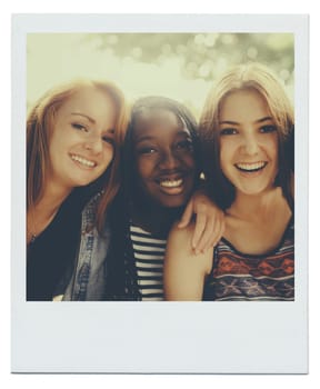 Women, friends and happy portrait in nature as polaroid picture for bonding connection, summer or together. Female people, face and diversity in environment for relaxing holiday, vacation or weekend.