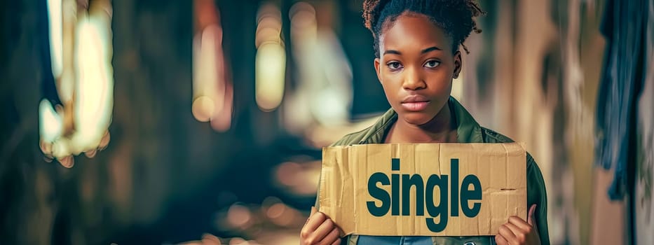 Portrait of a young woman with determined expression, holding cardboard sign with the word 'single'