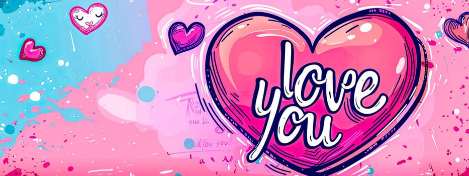 Colorful pop art style love you heart illustration on a pink abstract background