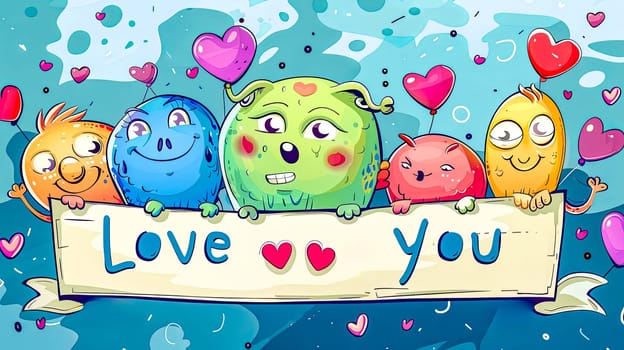 Whimsical cartoon monsters holding a 'love you' sign, surrounded by hearts