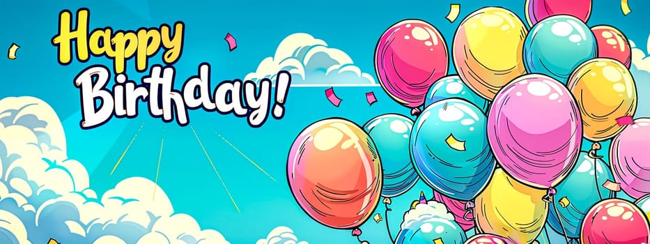 Vibrant banner featuring the phrase happy birthday! with festive balloons and clouds