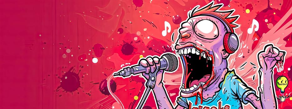 Vibrant and dynamic cartoon rockstar performing with a microphone on stage, singing and showcasing his energetic and colorful punk style in an animated concert illustration