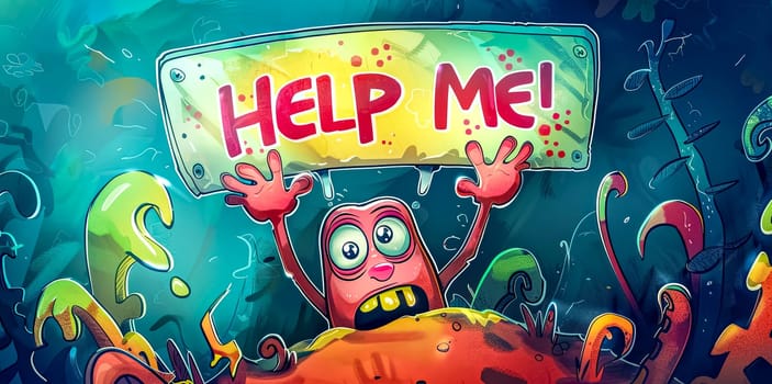 Vibrant illustration of a cartoon character underwater seeking help with a colorful sign