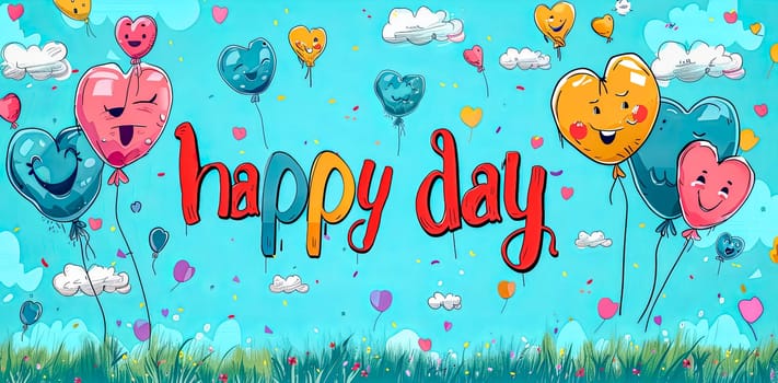 Vibrant illustration of a festive scene with heart-shaped balloons and 'happy day' text