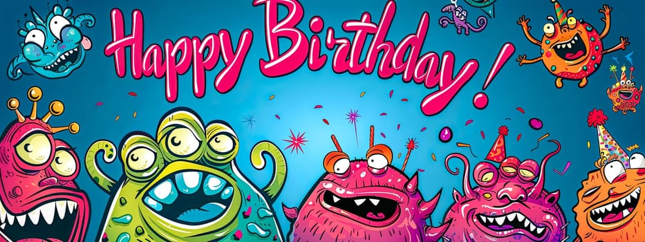 Vibrant illustration of whimsical monsters celebrating with a happy birthday message