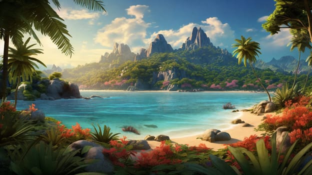 A tropical paradise unfolds with a picturesque river, majestic mountains, glowing sunset, swaying palm trees, and a cascading waterfall.