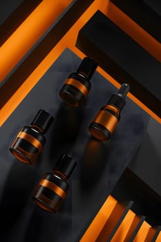 Four bottles of Amber, Orange, Line, and Tower shades of liquid are displayed on a sleek black surface, creating a striking visual contrast