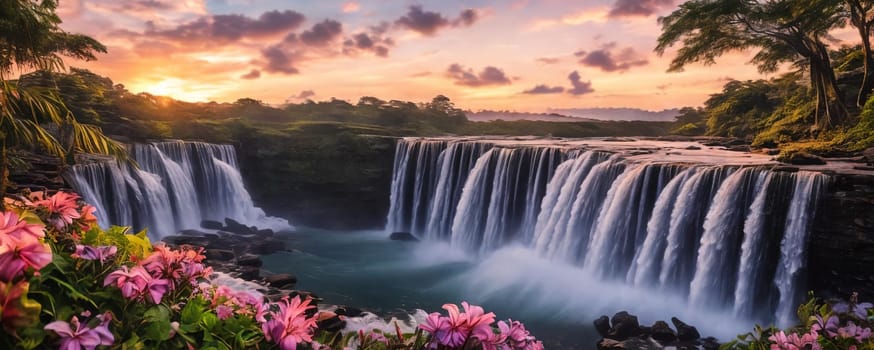 Fantasy landscape with waterfall at sunset, panorama.