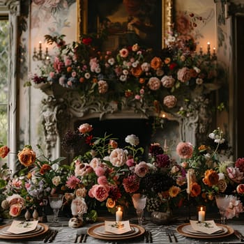a table with plates and candles in front of a fireplace covered in flowers . High quality