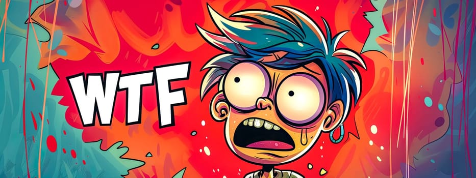Colorful illustration featuring a cartoon character with a shocked expression and wtf text