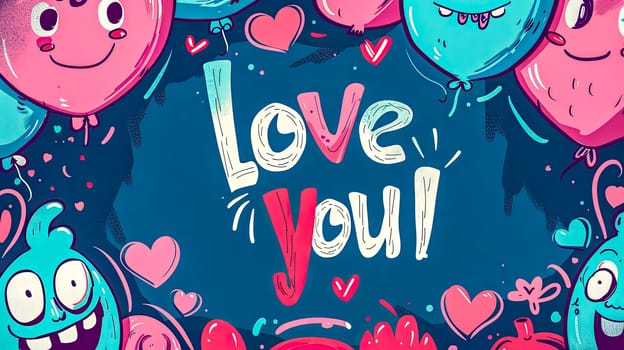 Vibrant illustration featuring cheerful balloons and love you text, perfect for romantic cards
