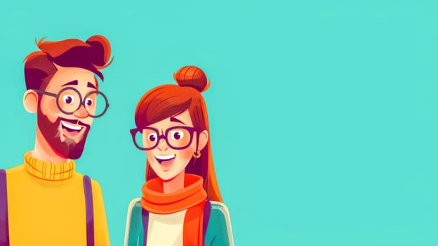 Modern and vibrant hipster couple illustration with smiling. Stylish. And trendy young adults. Featuring animated characters with facial hair. Glasses