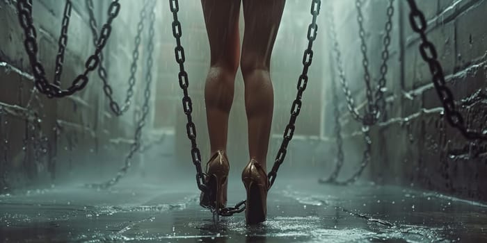 Female bodybuilder lifting chain in gym, fitness girl posing in chains. High quality photo