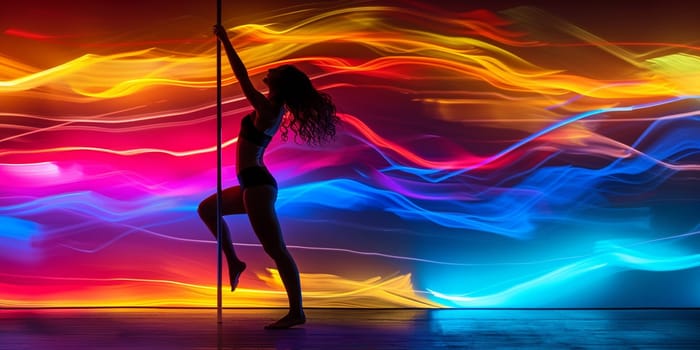 Pole dance. Young slender sexy woman dancing on a pole in the interior of a nightclub with light and smoke. High quality photo