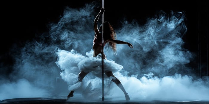 Pole dance. Young slender sexy woman dancing on a pole in the interior of a nightclub with light and smoke. High quality photo