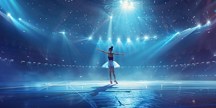 Theatrical performance. Beautiful, tender, graceful ballerina dancing against dark blue background with spotlight. Concept of art, classical ballet, creativity, choreography, beauty, ad. High quality photo