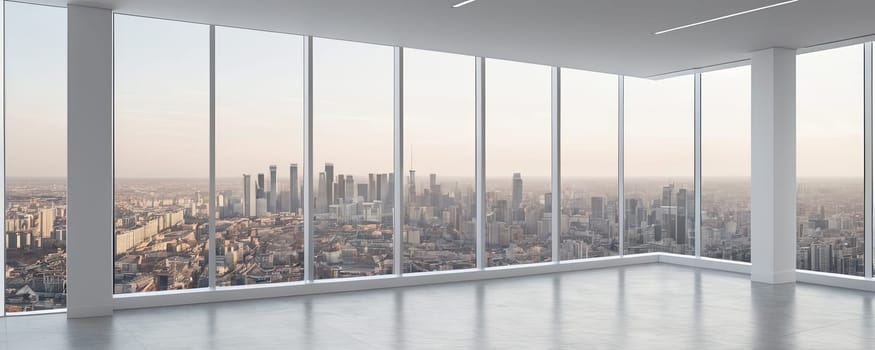 Empty office, high-rise building, city skyline view