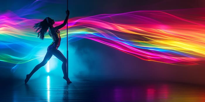 Pole dance. Young slender sexy woman dancing on a pole in the interior of a nightclub with light and smoke. High quality photo