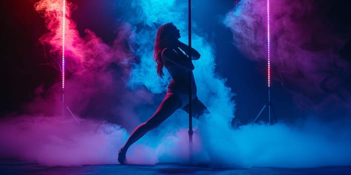 Pole dance. Young slender sexy woman dancing on a pole in the interior of a nightclub with light and smoke. High quality photo