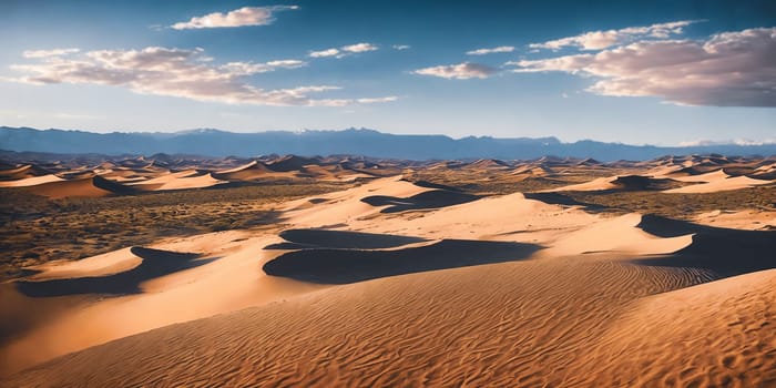 A vast desert expanse with rolling dunes under a cloudy, sunny sky. Generative AI