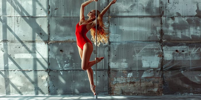 Young sexy pole dance woman on old wall background. Vintage film style colors. High quality photo