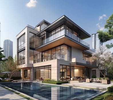 3D visualization of an elite house with a swimming pool. Beautiful facade of the house with a porcelain stoneware finish. Plot with landscaping. High quality photo
