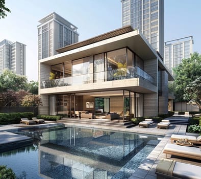 3D visualization of an elite house with a swimming pool. Beautiful facade of the house with a porcelain stoneware finish. Plot with landscaping. High quality photo