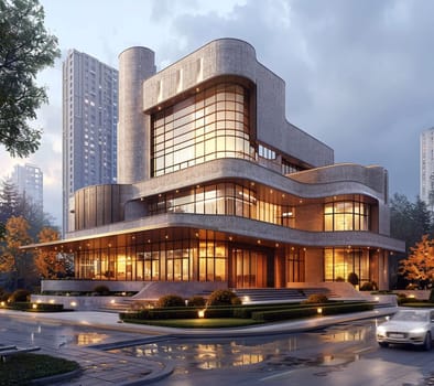 3d render of skyscrapers and shopping mall exterior view at night