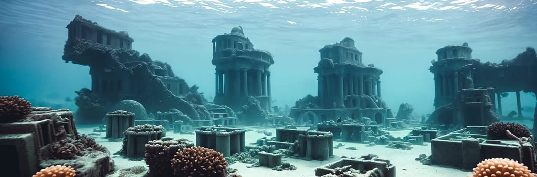 Discover the mystical depths of an Underwater Ruins. Submerged buildings, coral-covered columns, schools of exotic fish glide through the streets. Dive into the enchanting remnants of a lost city. Generative AI.