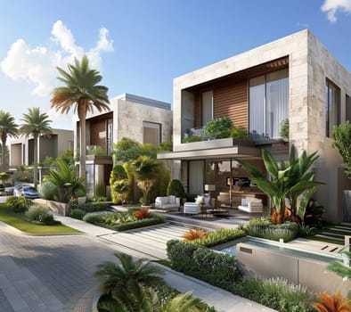 3D visualization of an elite house with a swimming pool. Beautiful facade of the house with a porcelain stoneware finish. Plot with landscaping. High quality photo