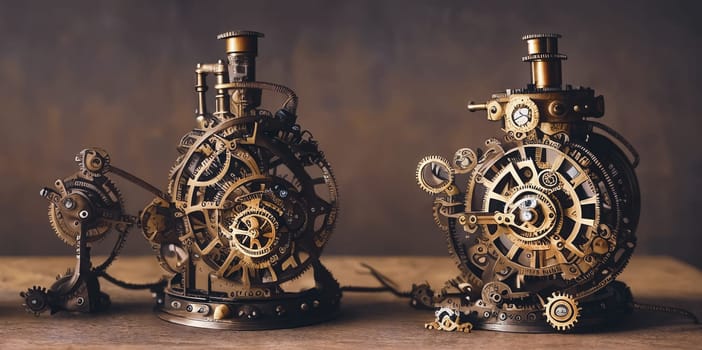 Steampunk Clockwork: An intricate mechanism blending gears, cogs, vintage brass elements, evoking Victorian-era technology. Think of a fusion between artistry functionality in a time-worn machine. Generative AI