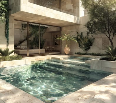 3D visualization of an elite house with a swimming pool. Beautiful facade of the house with a porcelain stoneware finish. Plot with landscaping. High quality photo