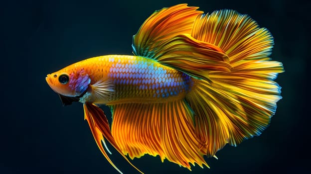 An electric blue rayfinned fish with a long tail and colorful fins is gracefully swimming underwater. Its eyecatching appearance showcases the beauty of marine biology