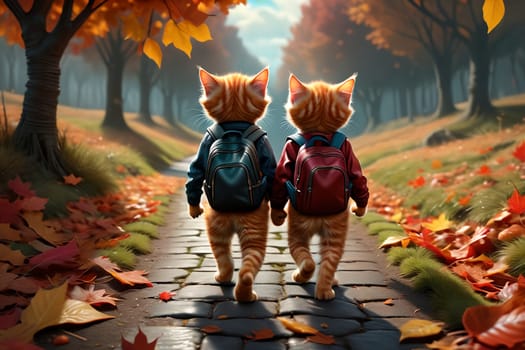 Cute cats students go to school with backpacks, autumn. AI generated image.