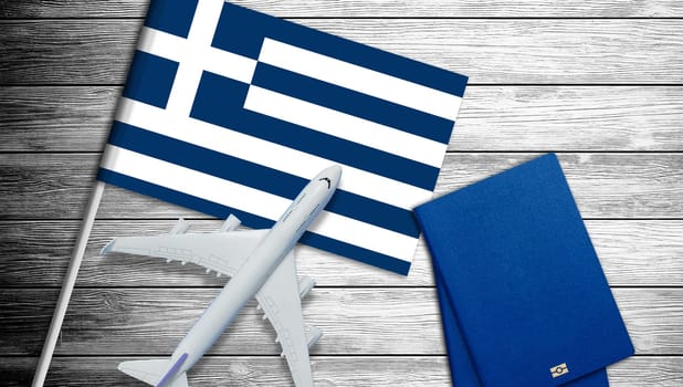 Illustration of a passenger plane flying over the flag of Greece. Concept of tourism and travel. High quality photo