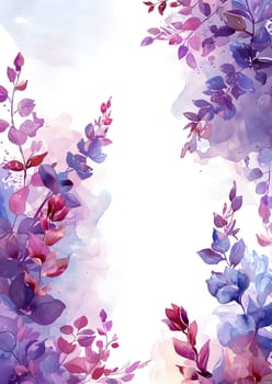 A watercolor painting featuring purple flowers and leaves on a white background, showcasing a beautiful pattern of violet, pink, and magenta petals