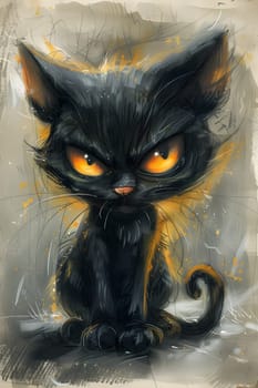 A small to mediumsized black Felidae with orange eyes, whiskers, snout, and tail is sitting on a table. It would make a great subject for a painting or art piece