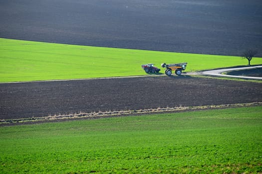 Tractor on the field in spring time. Green field in spring and tillage work. Concept for agriculture.