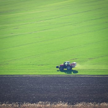 Tractor on the field in spring time. Green field in spring and tillage work. Concept for agriculture.