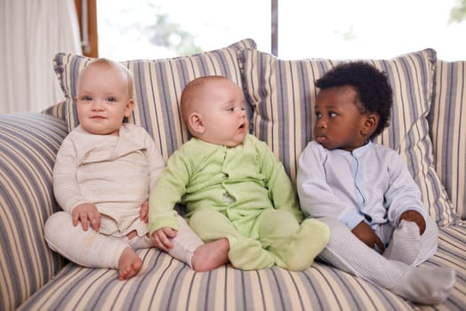Living room, diversity and baby friends on sofa in home together for morning child development. Adorable, cute or innocent with boy and girl infant kids in onesie pajamas at apartment for bonding.