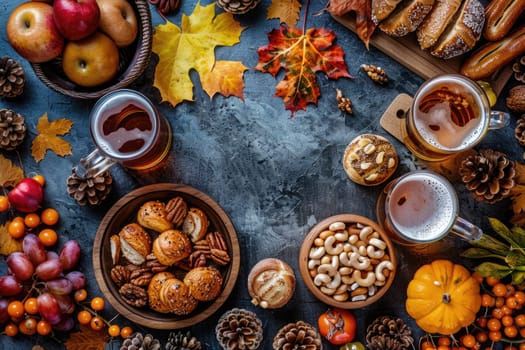 Oktoberfest beer in mugs and food on wooden table, top view flat lay, ai generated
