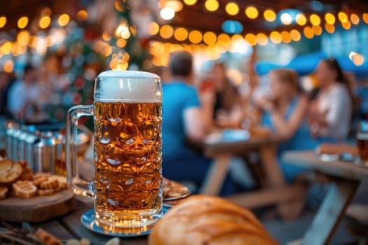 Beer mugs with fresh pretzels or brezen at Oktoberfest, ai generated