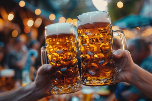 people hands with beer mugs cheering, ai generated