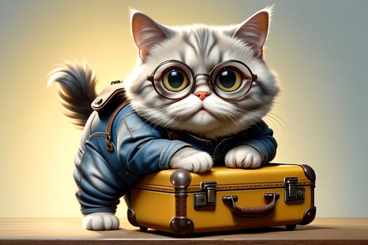 Beautiful cat with glasses and a suitcase, isolated on a light background. AI generated image.