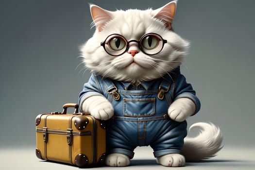 Beautiful cat with glasses and a suitcase, isolated on a light background. AI generated image.