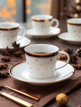 Four porcelain teacups and saucers with gold polka dots are elegantly displayed on a table, ready for a relaxing tea time by the window