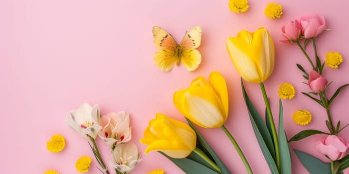 Easter spring flower background with fresh yellow flowers and butterflies isolated on pink background.