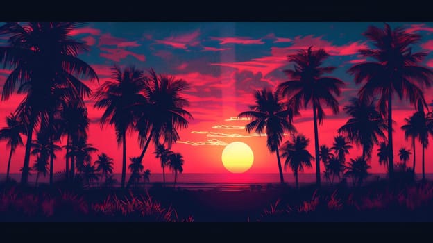 Sunset scene of palm trees and red sky on idyllic tropical area.