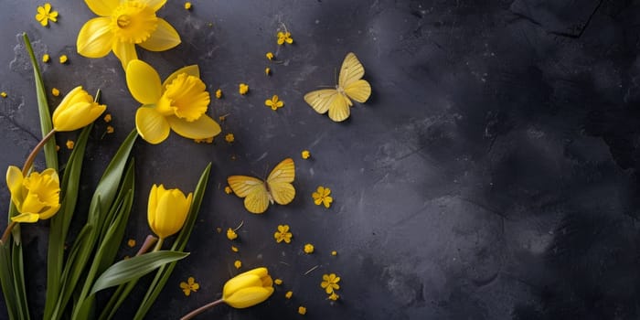 Easter spring flower background with fresh yellow flowers and butterflies isolated on grey background.